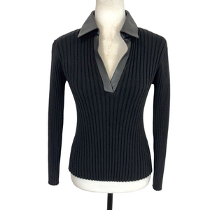 Truth black ribbed sweater w/faux leather collar